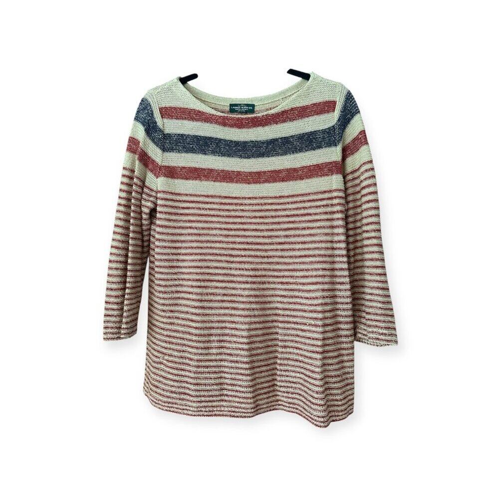 LRL Lauren Jeans Co Women Linen Knit Top Petite Tan Red Blue Striped Preppy